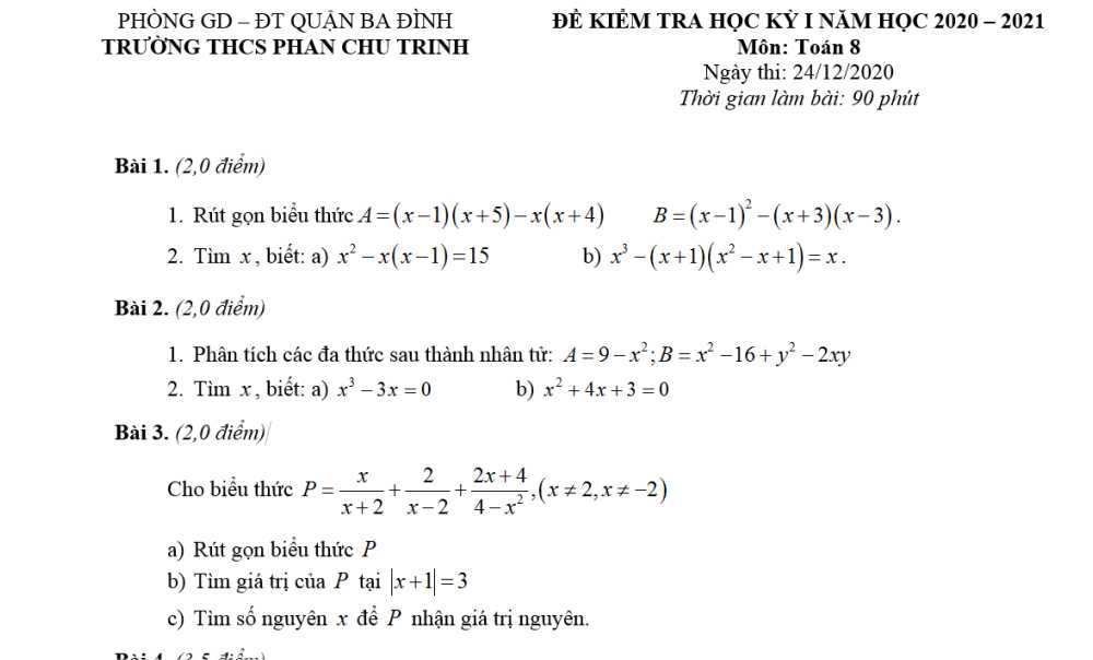 Toán 8-Đề kiểm tra cuối kì 1 Trường THCS Phan Chu Trinh-Ba Đình năm học 2020-2021